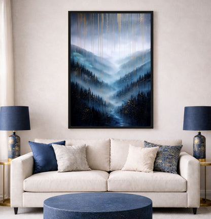 Blue Misty Forest Landscape Art Framed Canvas - PaintFu