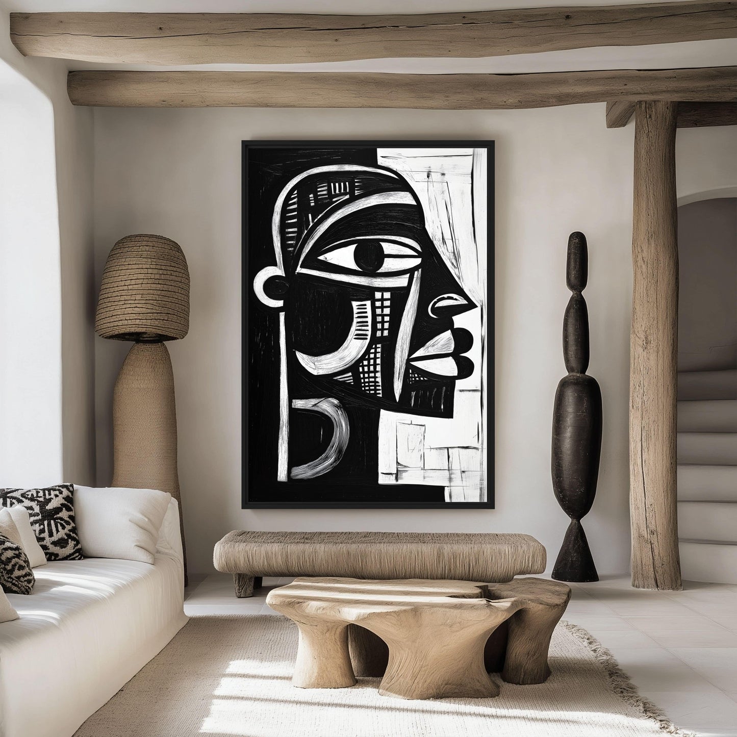 African Tribal Art Black White Framed Canvas
