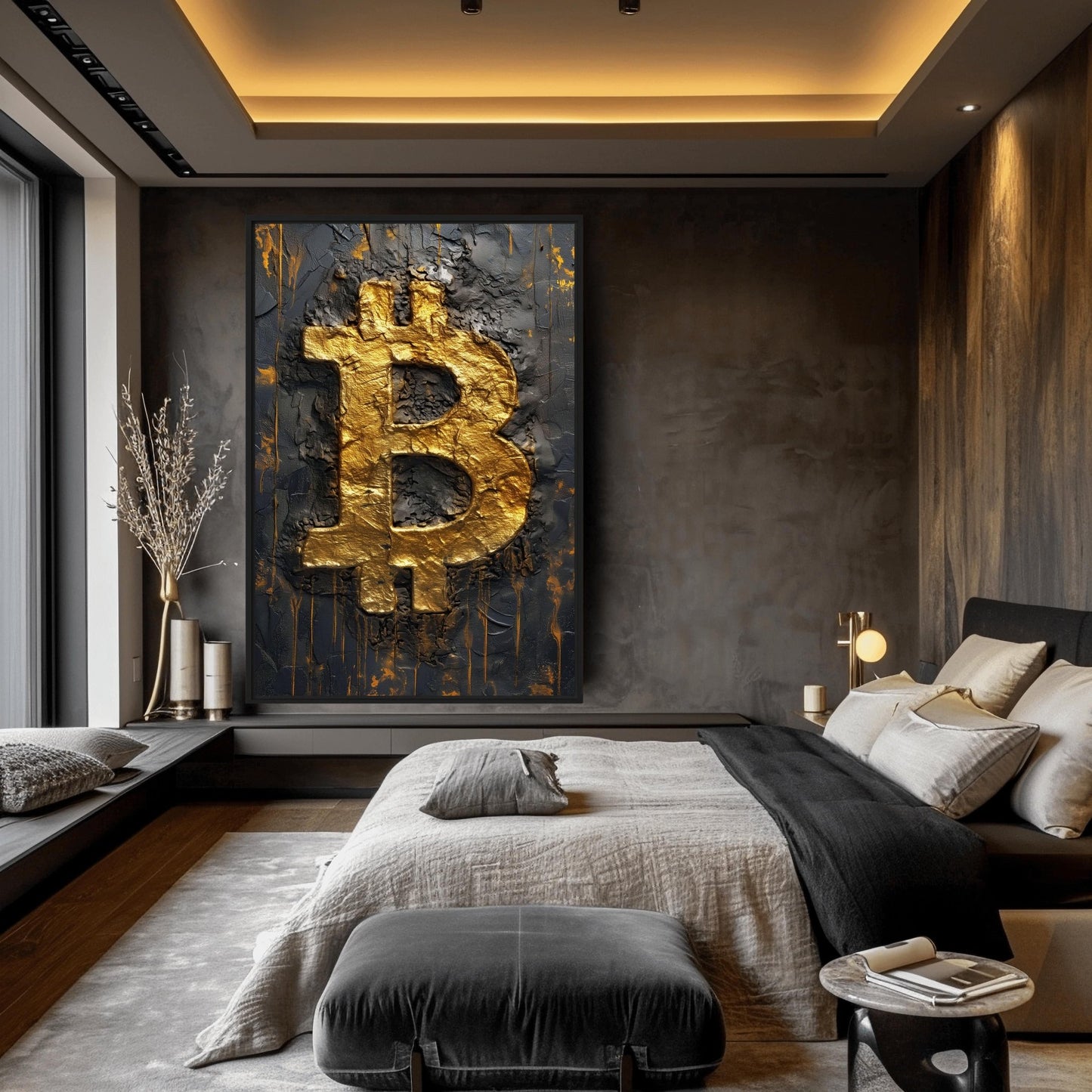 Bitcoin Black Gold Impasto Art Framed Canvas