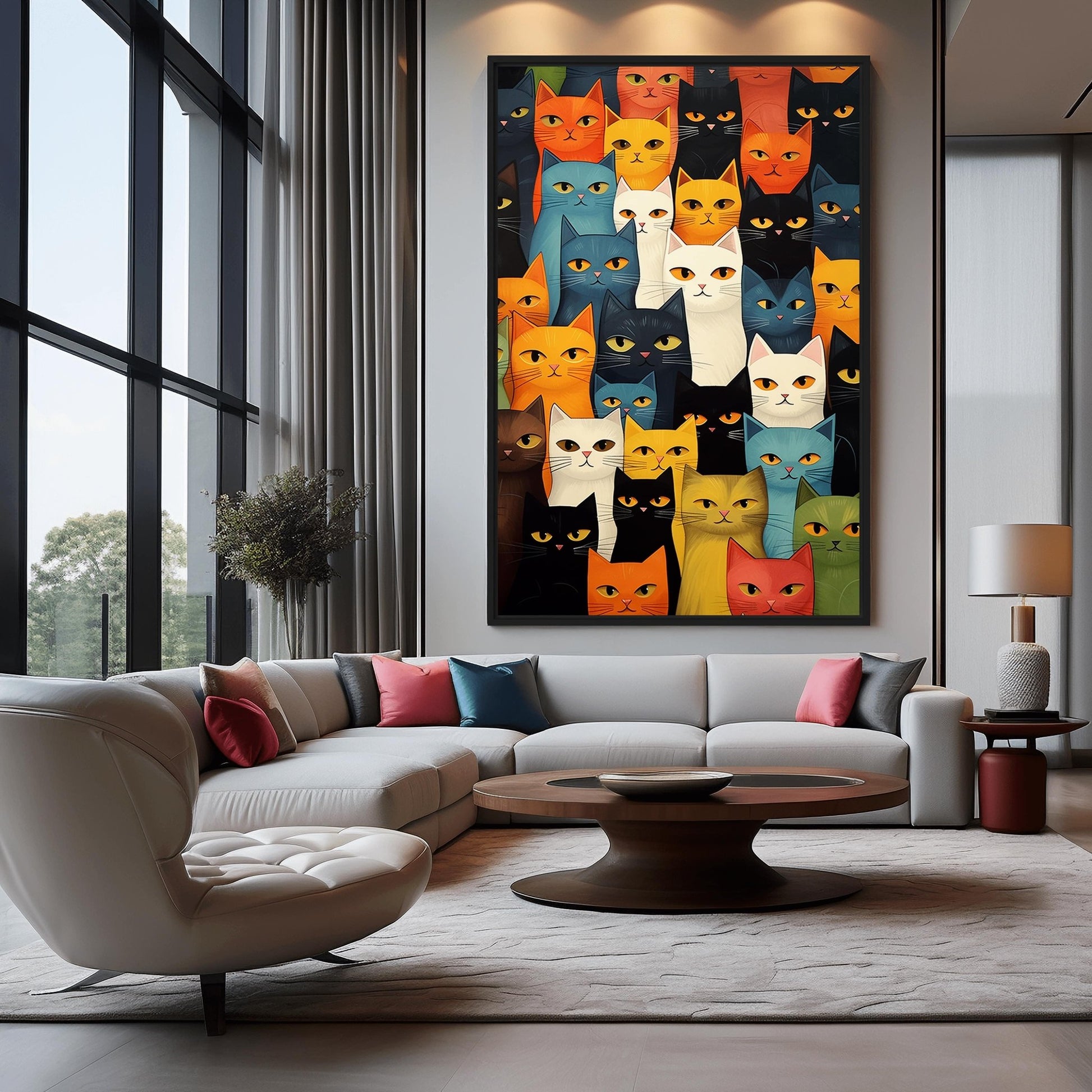 Cats Colorful Collage Famed Canvas