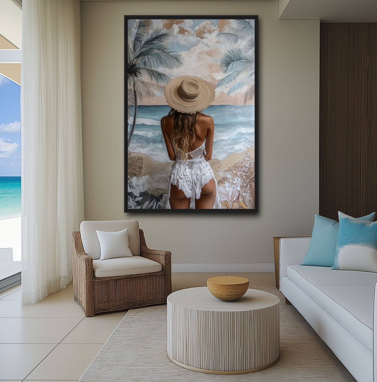 Woman In Summer Hat Beach Art Framed Canvas