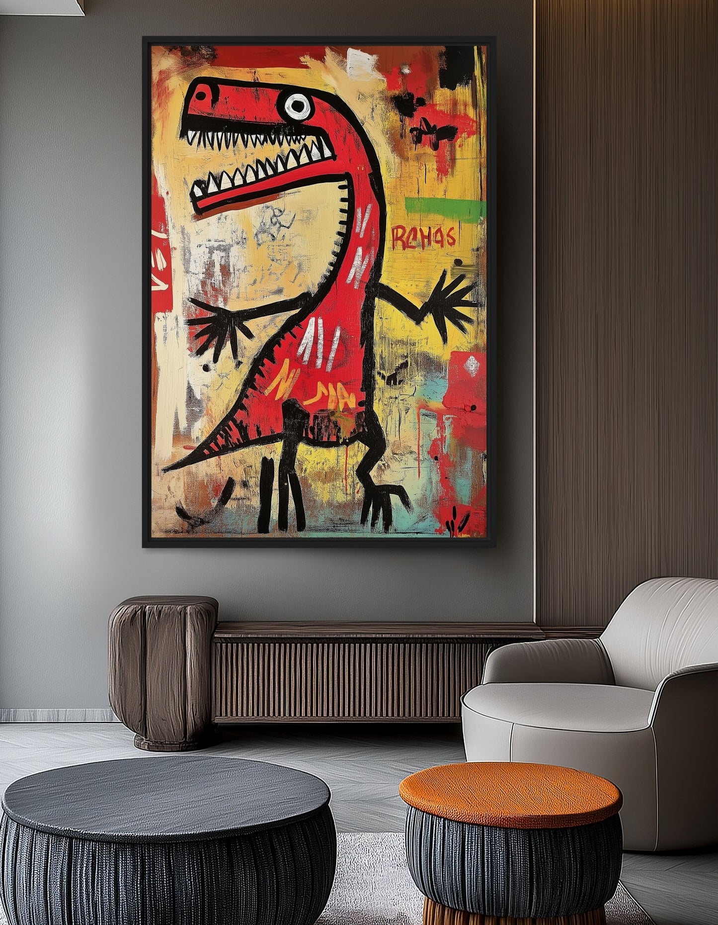Dinosaur Basquiat Style Art Framed Canvas