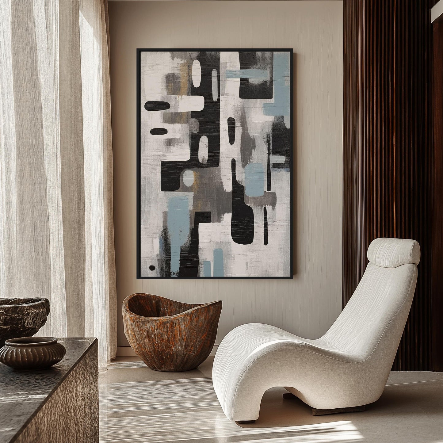 Grey Black Blue Modern Art Framed Canvas