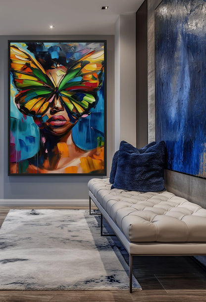 Woman Butterfly Face Framed Canvas