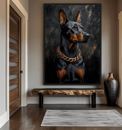 Doberman With Golden Chain Framed Canvas
