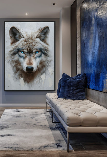 Blue Eyed Wolf Modern Art Framed Canvas