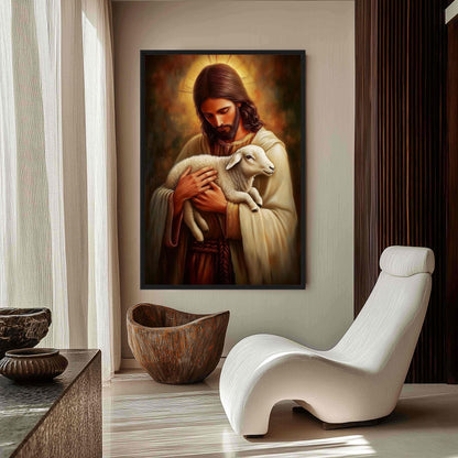 Jesus with Lamb Religious Art Framed Canvas - PaintFu