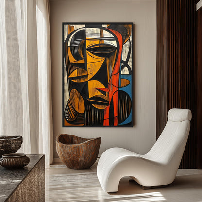 African Abstract Woodcut Art Framed Canvas
