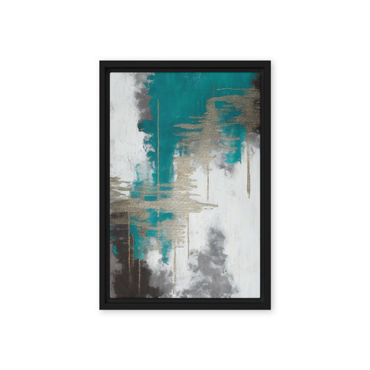 Teal White Grey Silver Modern Art Framed Canvas