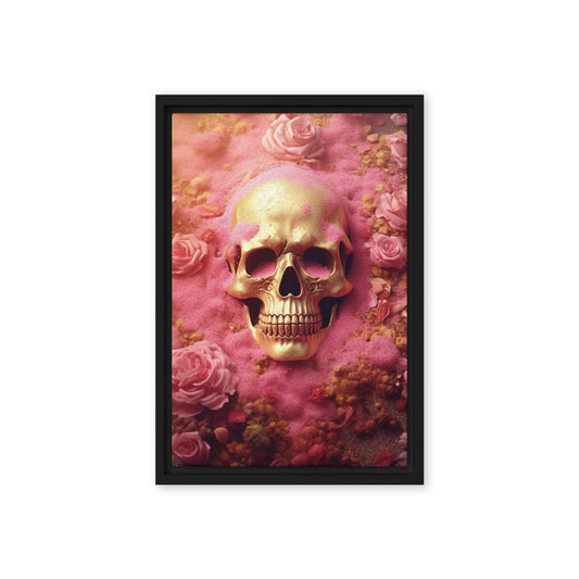 Skull In Pink Flowers Framed Canvas