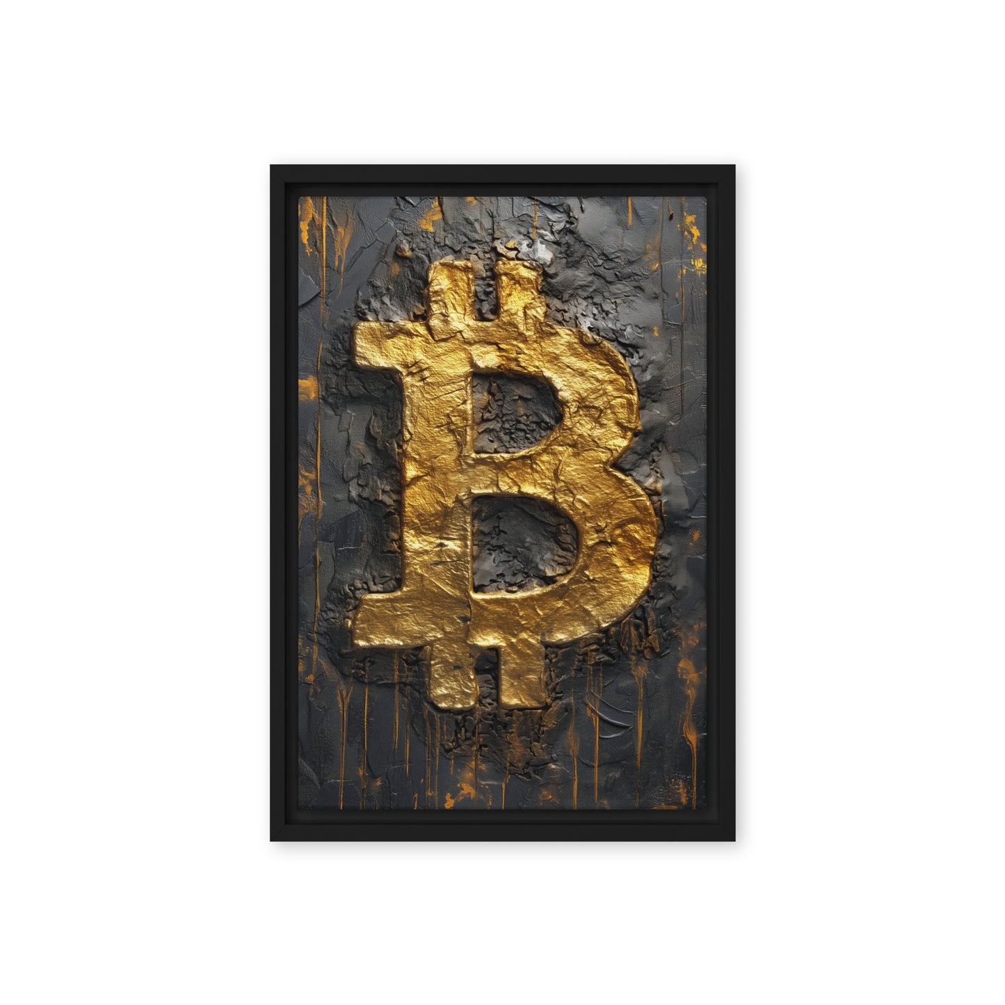 Bitcoin Black Gold Impasto Art Framed Canvas