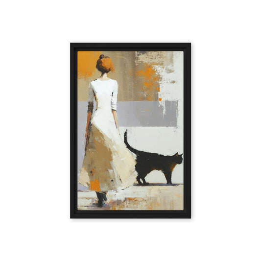 Woman with Black Cat Modern Art Framed Canvas