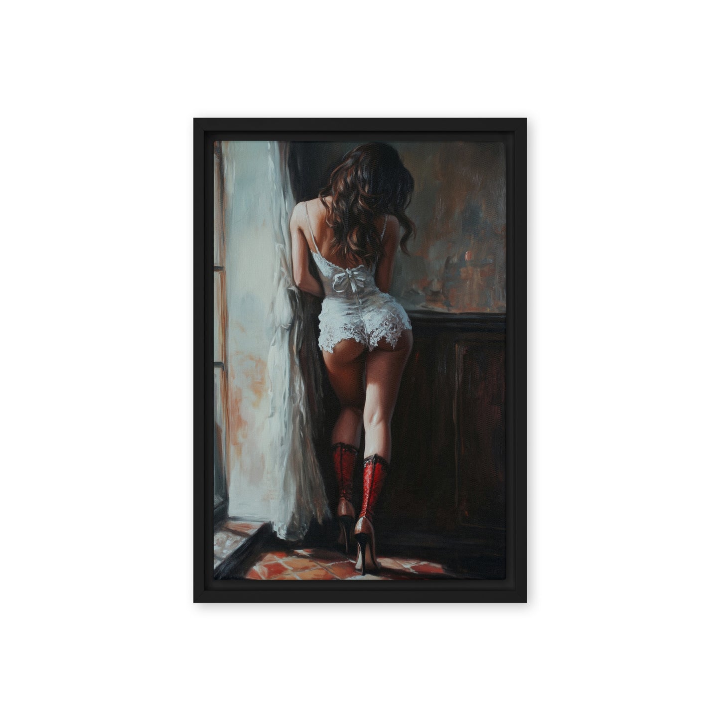 Woman In Lingerie Sensual Art Framed Canvas - PaintFu