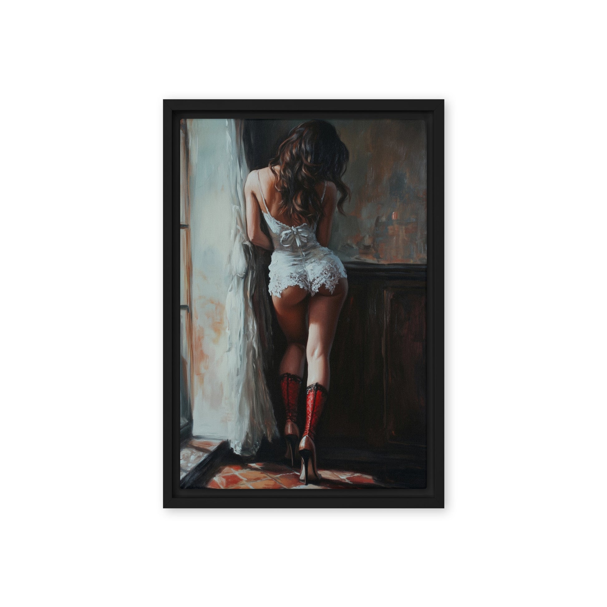 Woman In Lingerie Sensual Art Framed Canvas - PaintFu