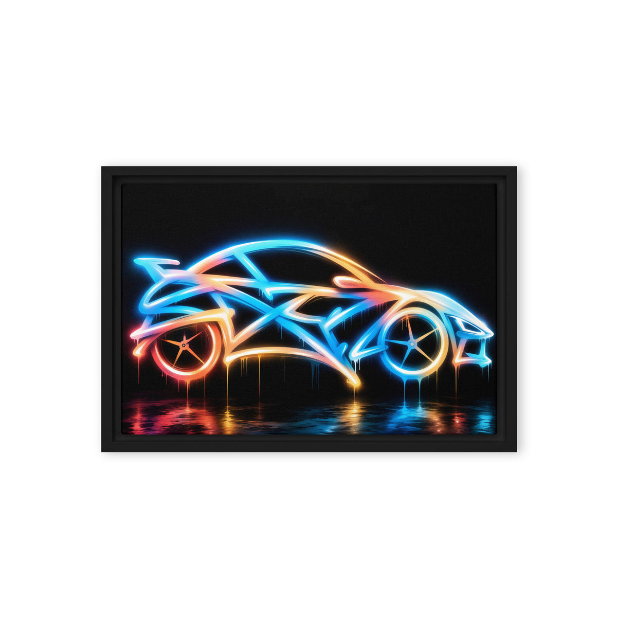 Neon blue sports car with pink and orange graffiti accents on black, shown in a black frame, 12 x 18 inch option