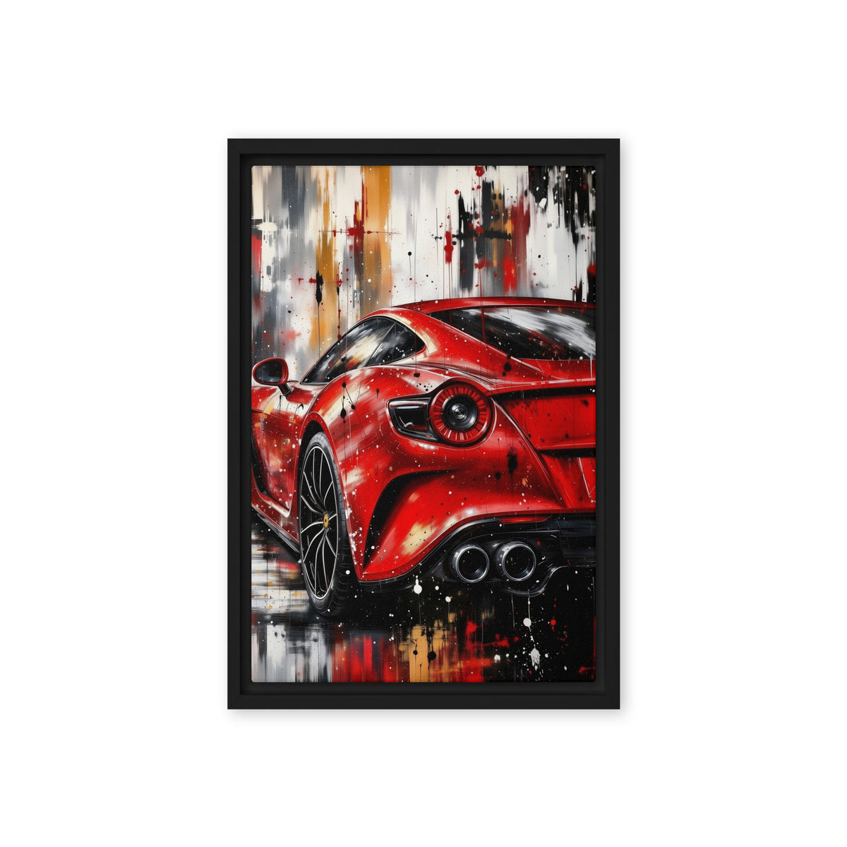 Red sports car with black, white and ochre street-art brushwork, 12 x 18 inch canvas in a black frame