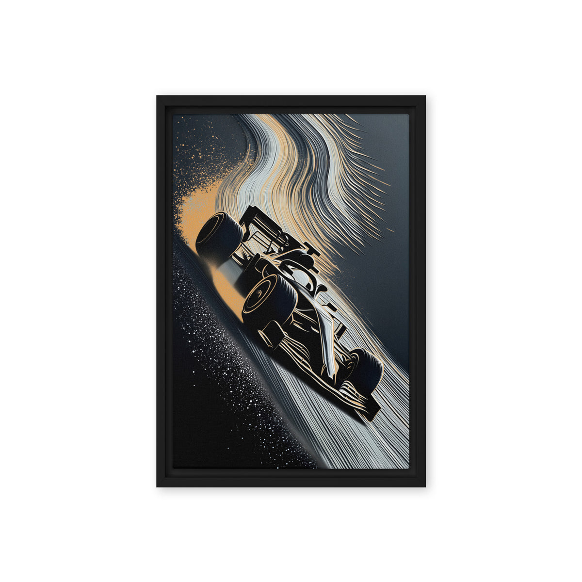 A black open-wheel racing car cuts diagonally through white and gold-toned sweeping lines; front view in a black frame, 12 x 18 in canvas
