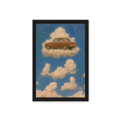 A rust-brown vintage sedan floats on a cream cloud in a blue sky; front view in a black frame, 12 x 18 in canvas
