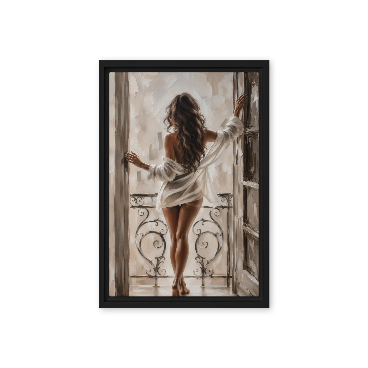 A brunette woman seen from behind stands at an open balcony doorway in a loosely draped white shirt; front view in a black frame, 12 x 18 in canvas
