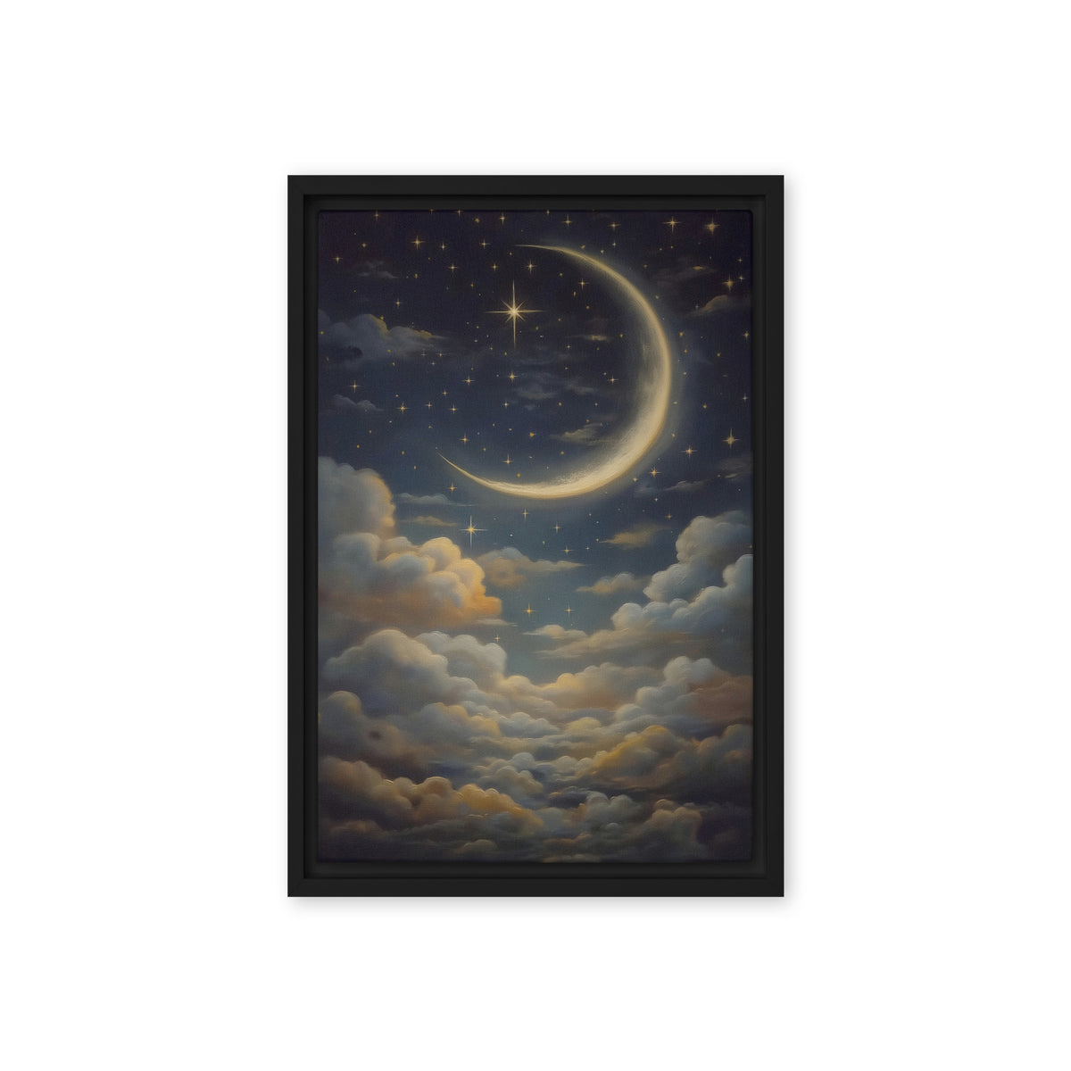 A golden crescent moon and small stars hang above layered clouds in a midnight-blue sky; front view in a black frame, 12 x 18 in canvas