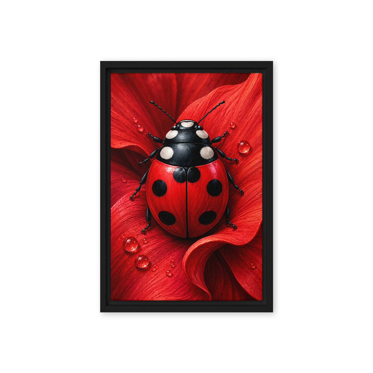 A red and black ladybug rests on a curled red flower petal dotted with water droplets; front view in a black frame, 12 x 18 in canvas