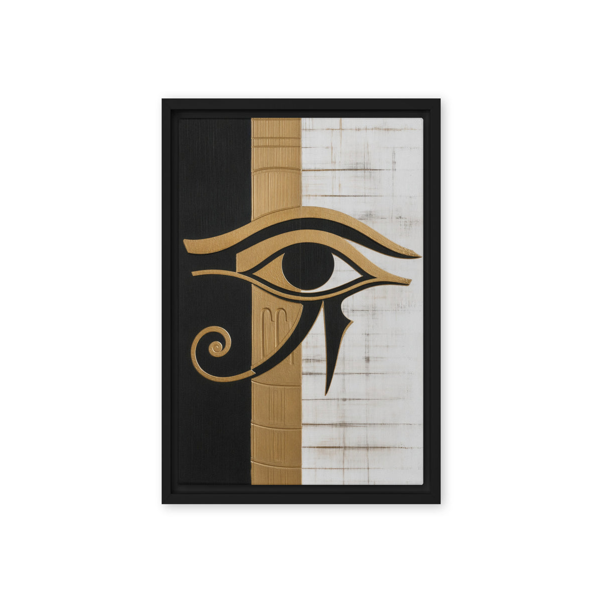 A black and gold-toned Eye of Horus crosses vertical black, gold and white panels; front view in a black frame, 12 x 18 in canvas