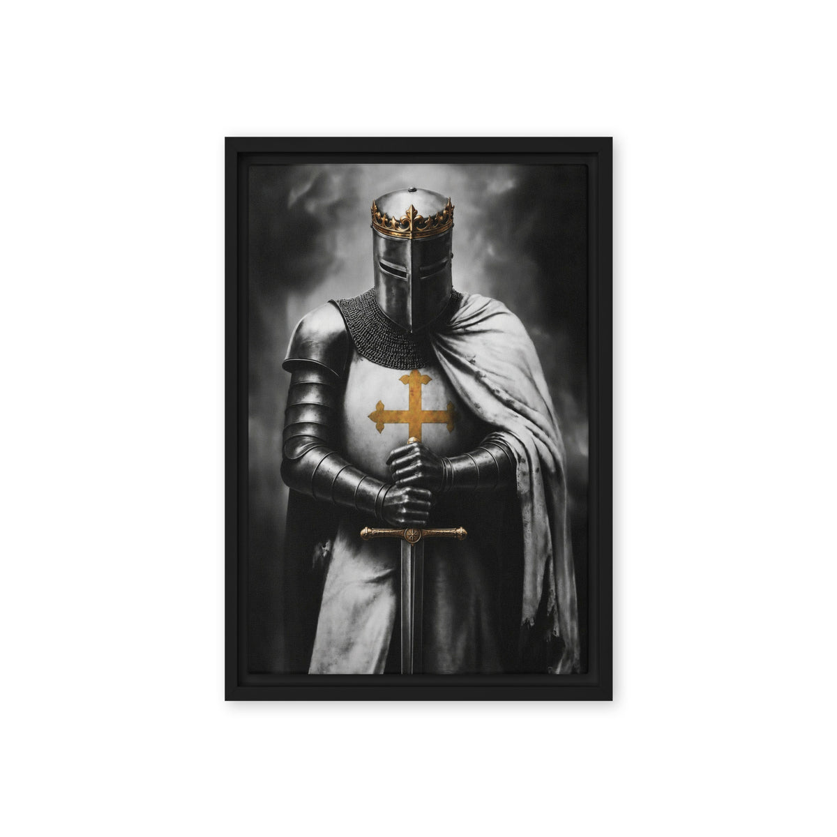 A crowned knight in dark armour, a white cloak and a gold cross holds an upright sword; front view in a black frame, 12 x 18 in canvas