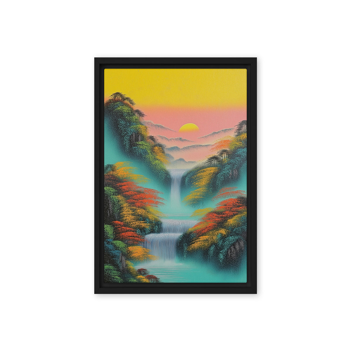 Teal waterfalls between orange-green trees beneath a pink-and-yellow sky and distant sun, black frame, 12″×18″ front view