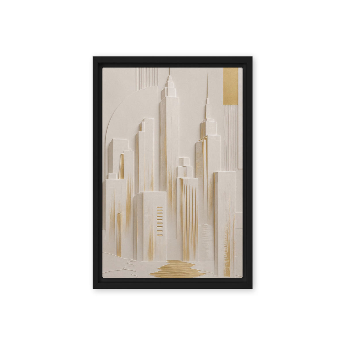 Stylised ivory Manhattan skyline with slender towers, pale shadows and gold-coloured accents, black frame, 12″×18″ front view