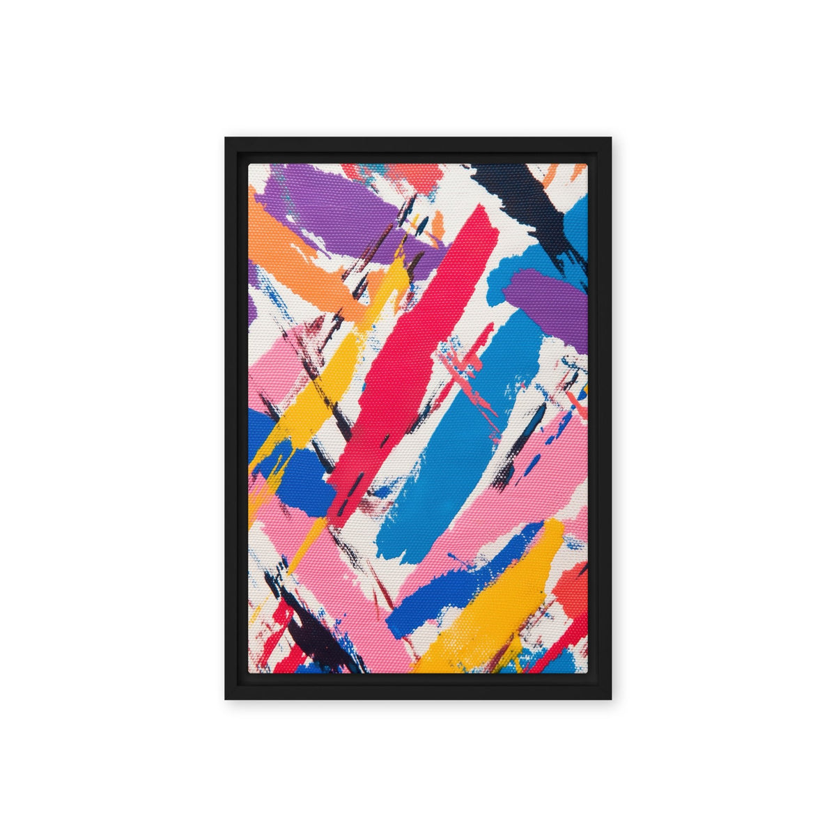 Overlapping pink, blue, red, yellow and purple diagonal brushstrokes with white and dark marks, black frame, 12″×18″ front view