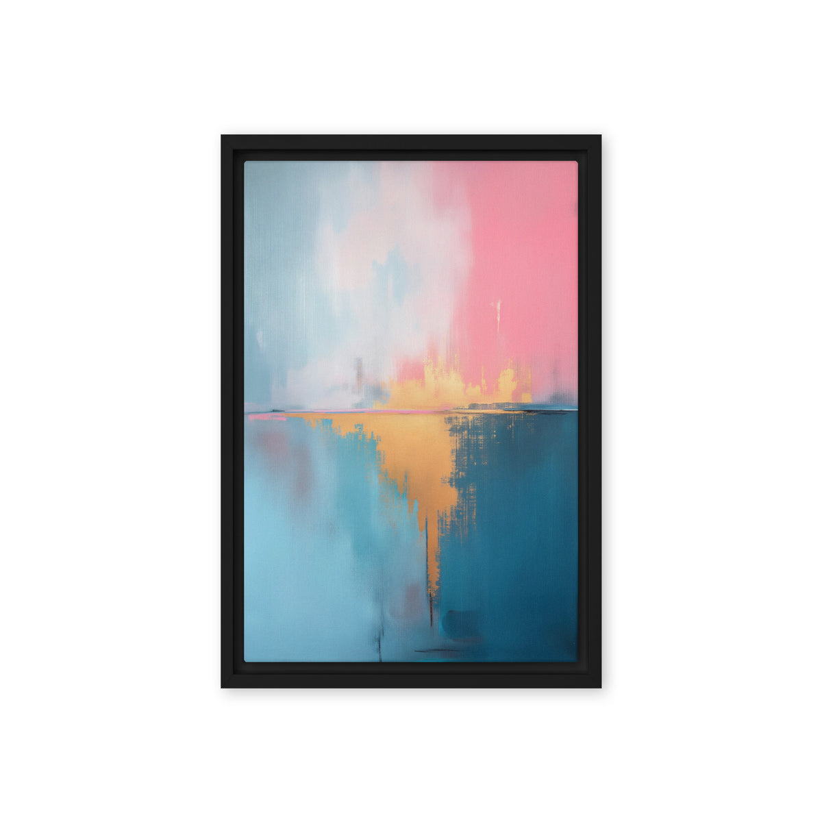 Pink and pale blue abstract colour fields above deep teal with a gold-toned central reflection, black frame, 12″×18″ front view
