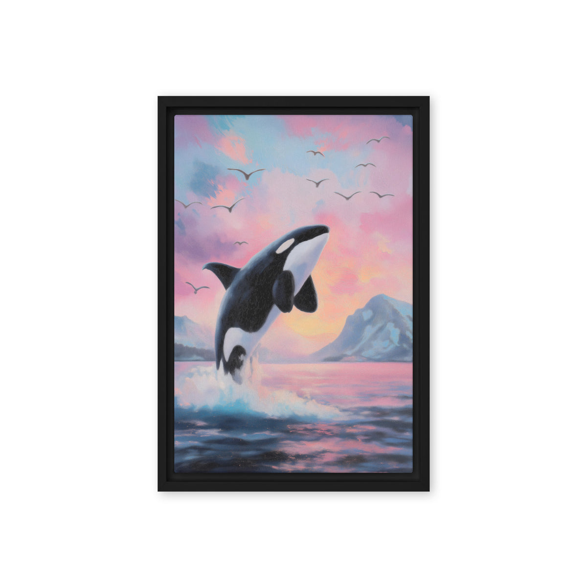 Leaping black-and-white orca above blue waves beneath a pink sunset sky, black frame, 12″×18″ front view