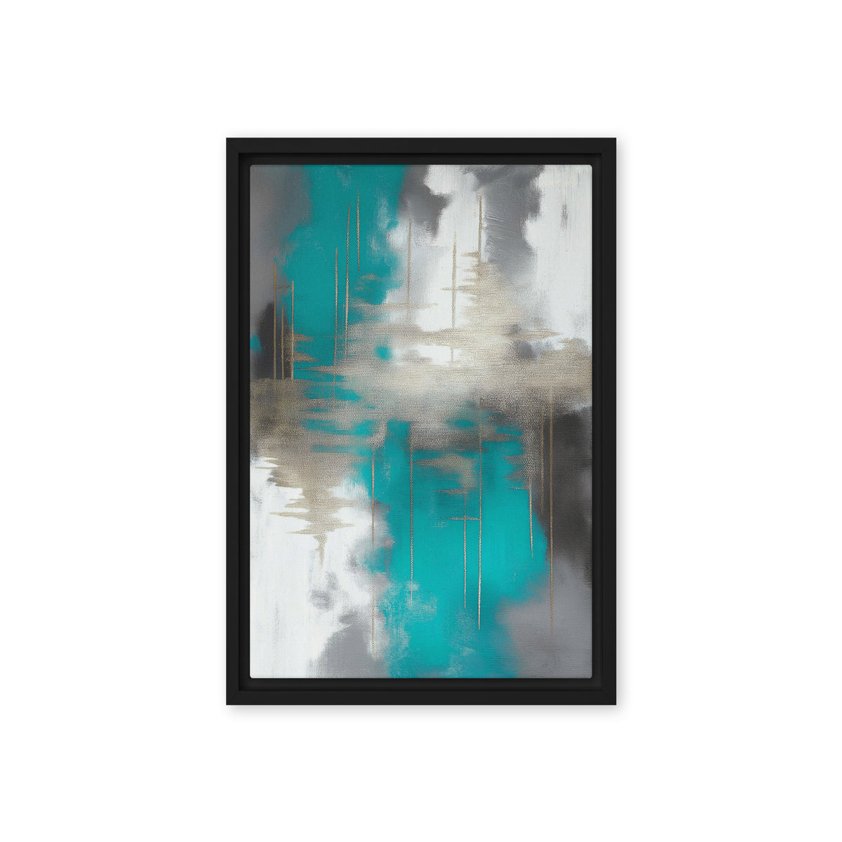 Teal and grey abstract brushwork crossed by muted gold-toned horizontal marks, front view with black frame, 12″×18″ nominal canvas
