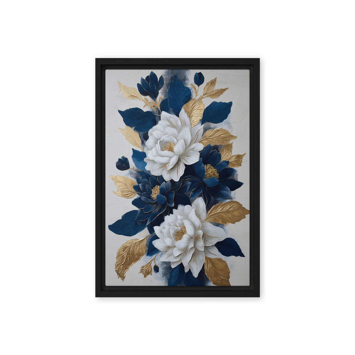 White and navy flowers with gold-toned leaves on a pale background, front view with black frame, 12″×18″ nominal canvas