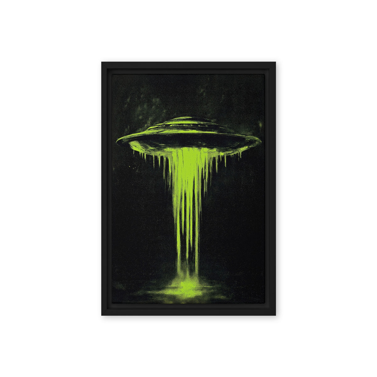 Lime green flying saucer with a dripping beam against black, front view with black frame, 12″×18″ nominal canvas