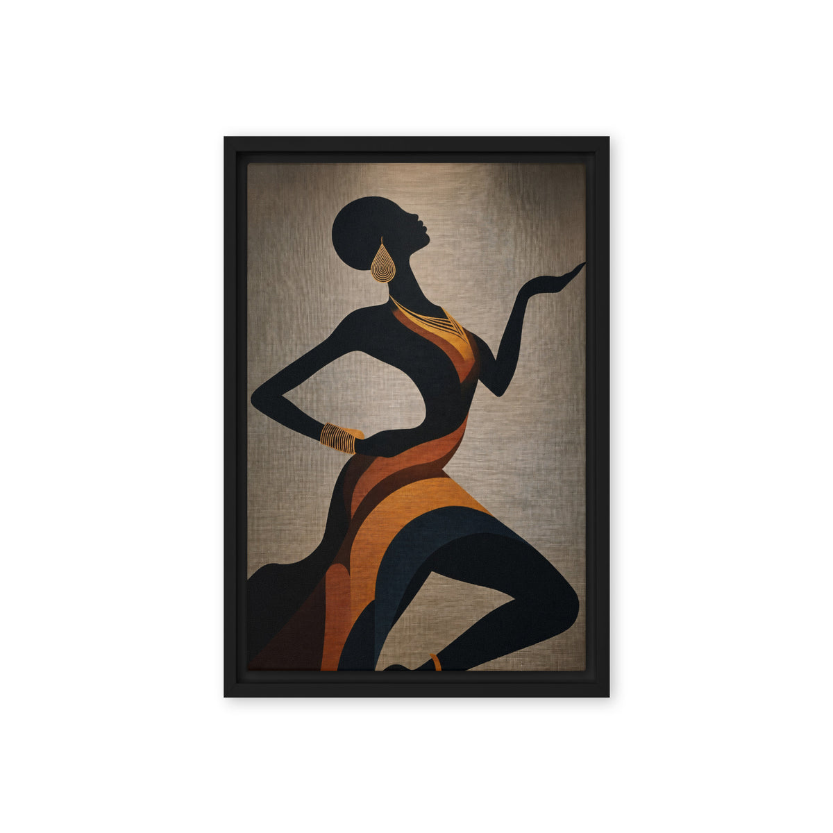 Stylised black female silhouette in orange drapery on a warm grey ground, front view with black frame, 12″×18″ nominal canvas