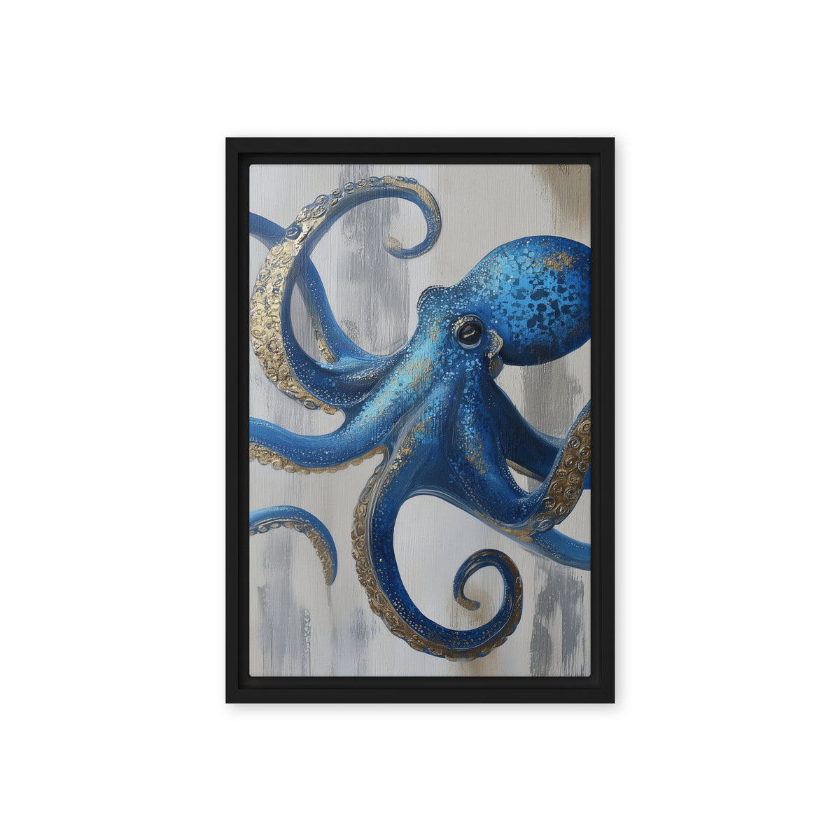 Blue octopus with curling gold-detailed tentacles on pale grey, front view with black frame, 12″×18″ nominal canvas