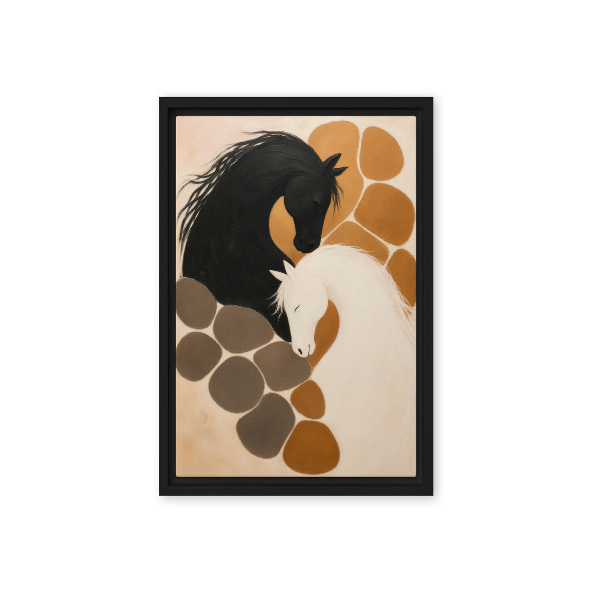 Black and white horses with lowered heads among ochre and taupe shapes on cream, black frame front view, 12 × 18 in nominal width × height