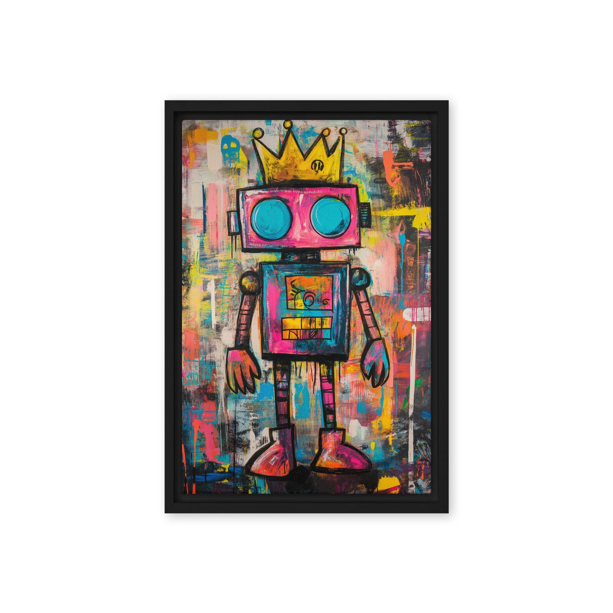 Pink crowned robot with turquoise round eyes against multicoloured graffiti, black frame front view, 12 × 18 in nominal width × height