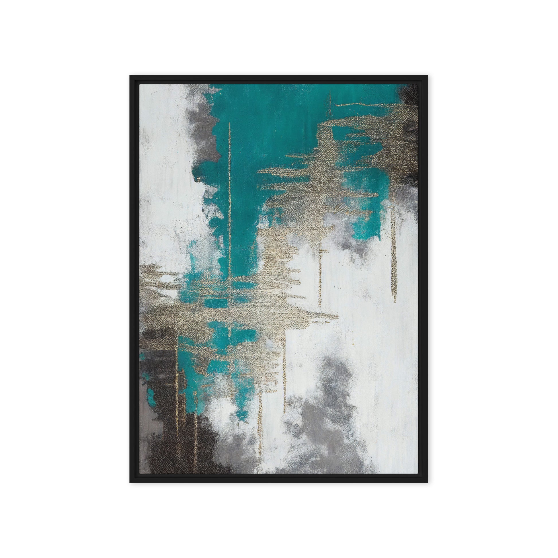 Teal White Grey Silver Modern Art Framed Canvas