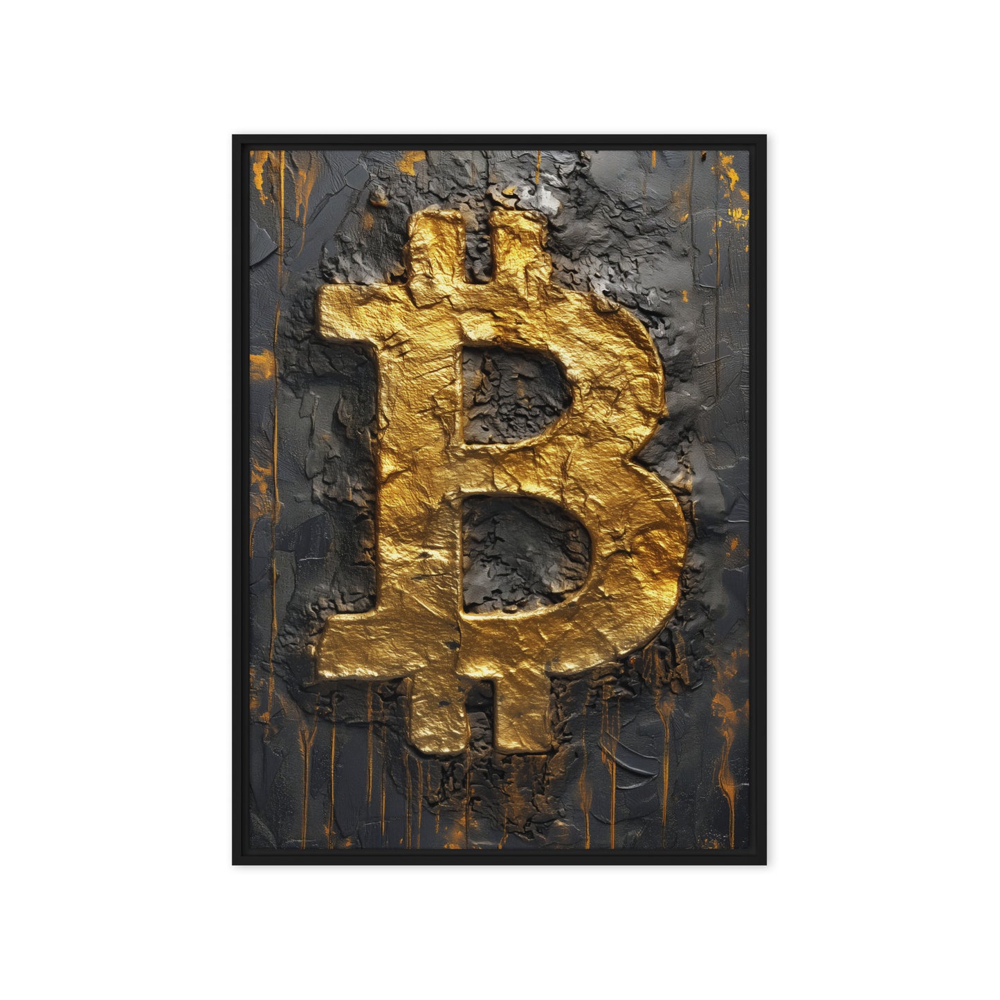 Bitcoin Black Gold Impasto Art Framed Canvas