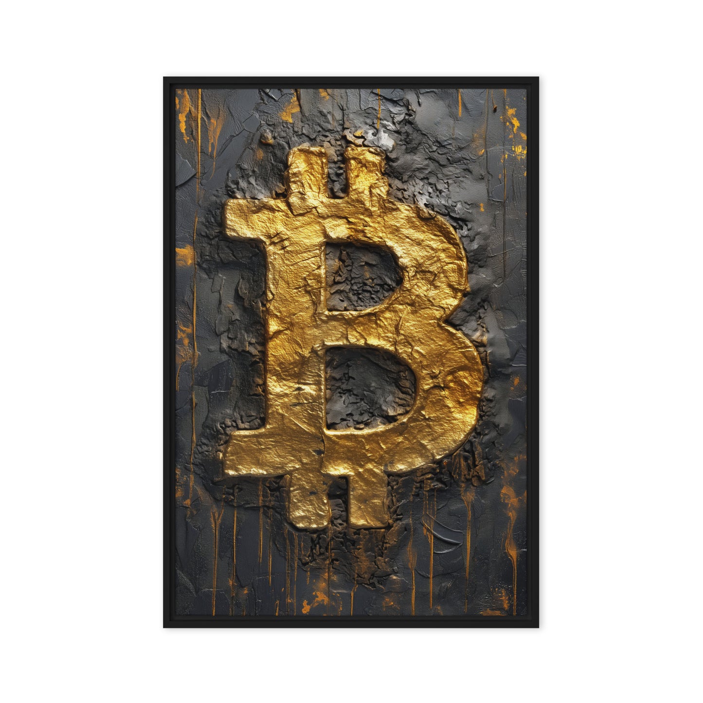 Bitcoin Black Gold Impasto Art Framed Canvas