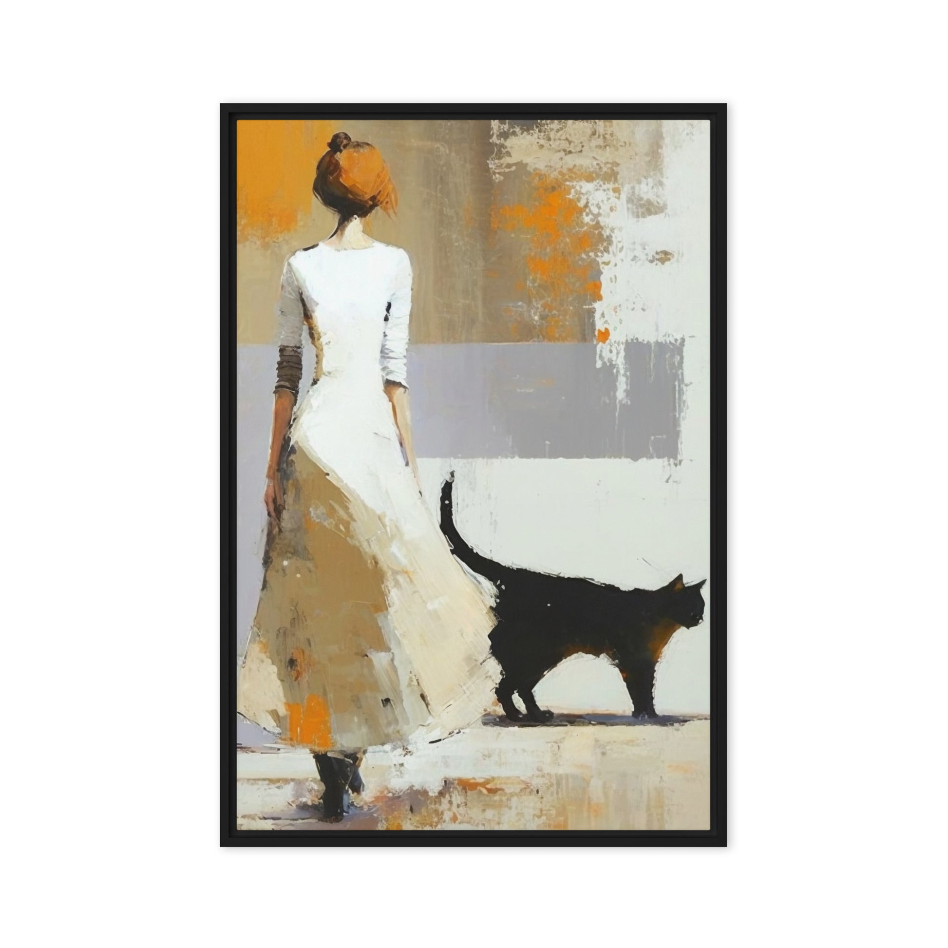 Woman with Black Cat Modern Art Framed Canvas