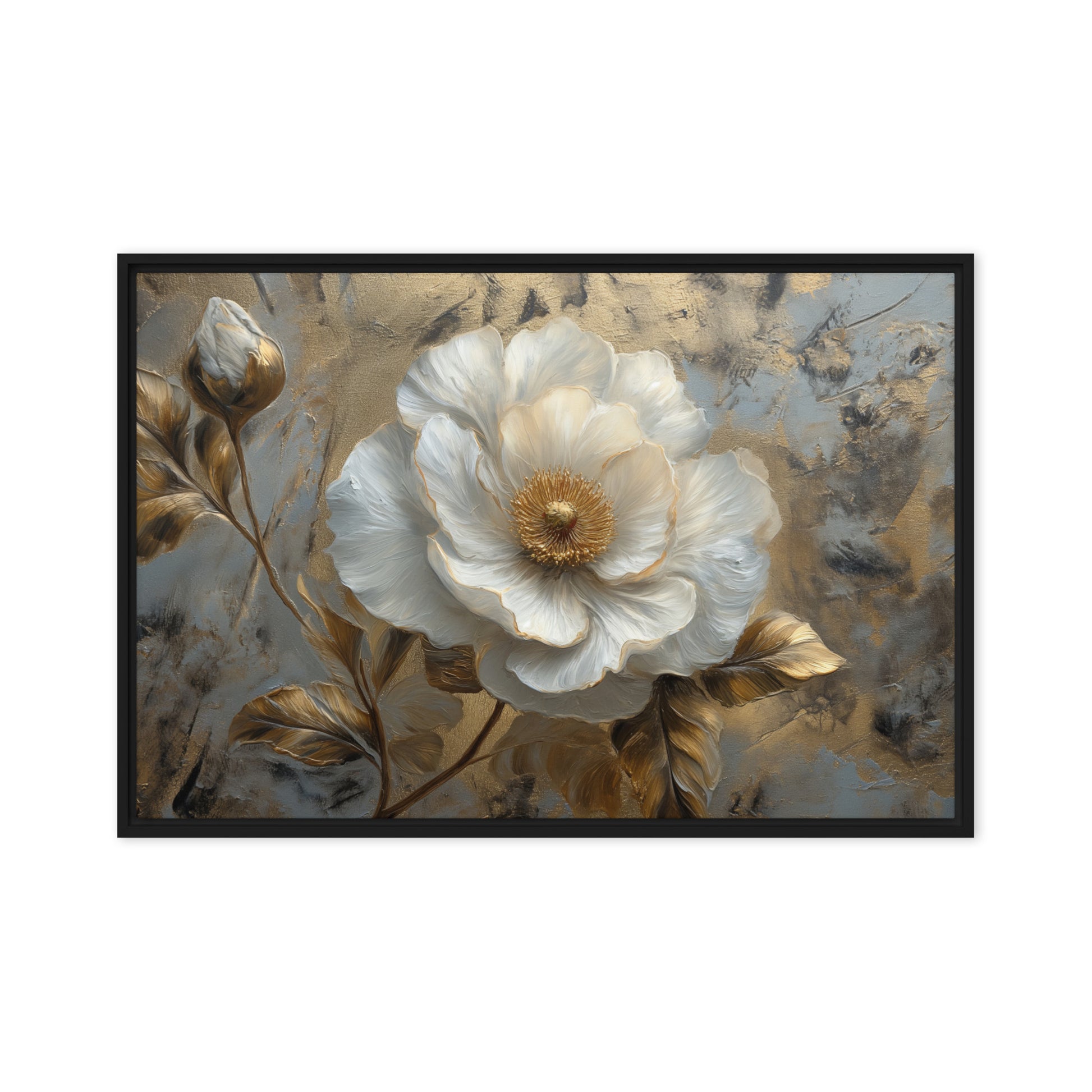 White and Gold Flowers Floral Art Framed Canvas