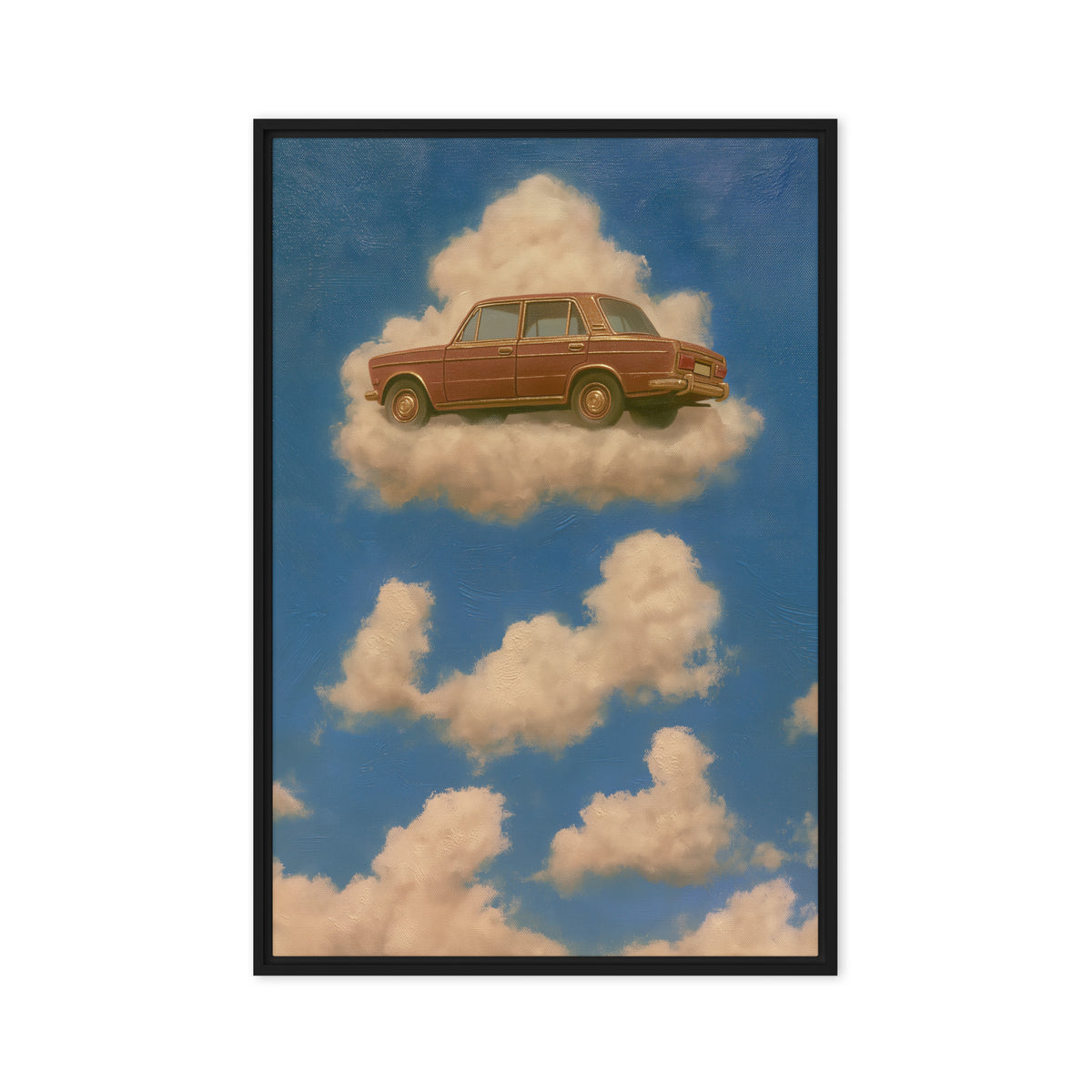 A rust-brown vintage sedan floats on a cream cloud in a blue sky; front view in a black frame, 20 x 30 in canvas