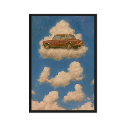 A rust-brown vintage sedan floats on a cream cloud in a blue sky; front view in a black frame, 20 x 30 in canvas