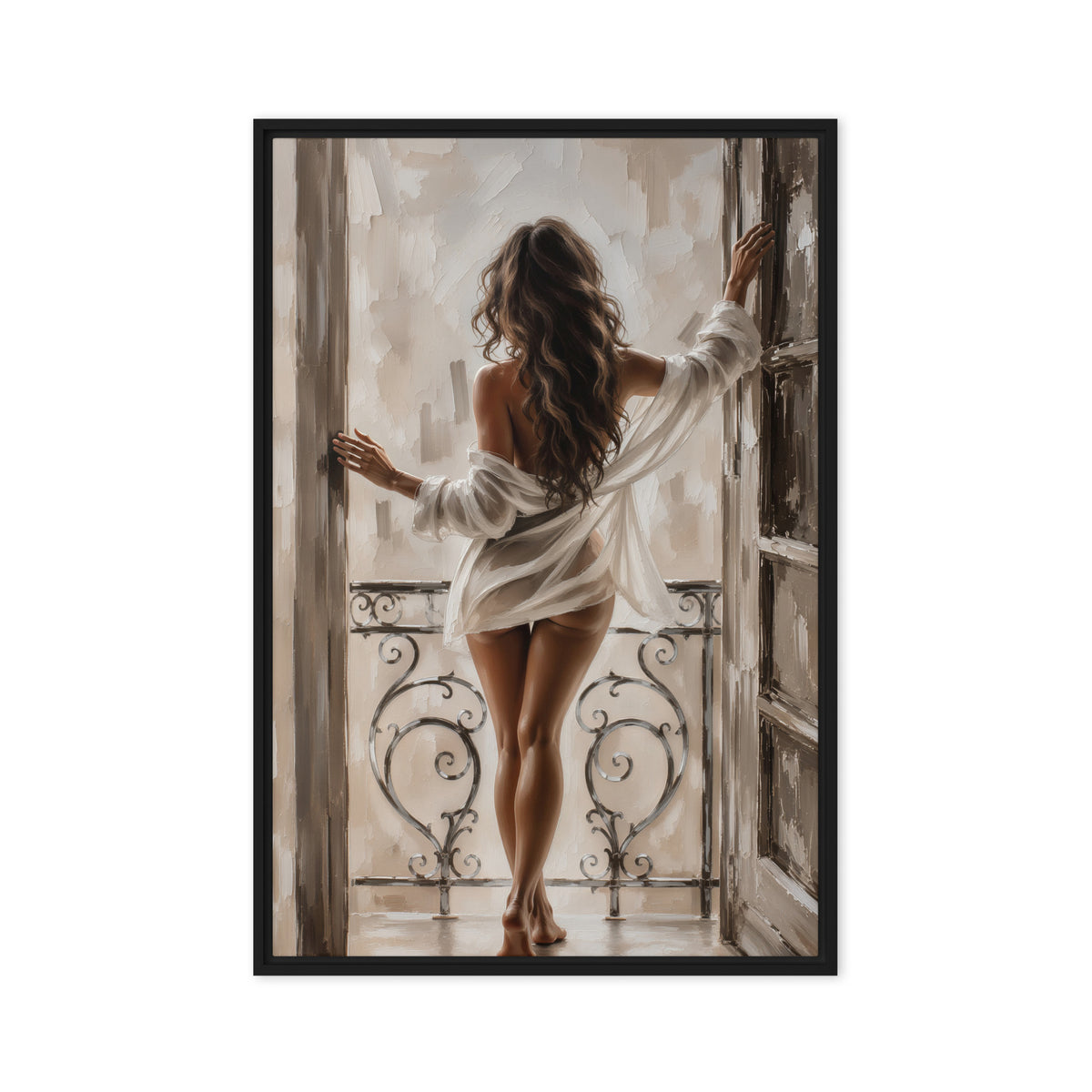A brunette woman seen from behind stands at an open balcony doorway in a loosely draped white shirt; front view in a black frame, 20 x 30 in canvas