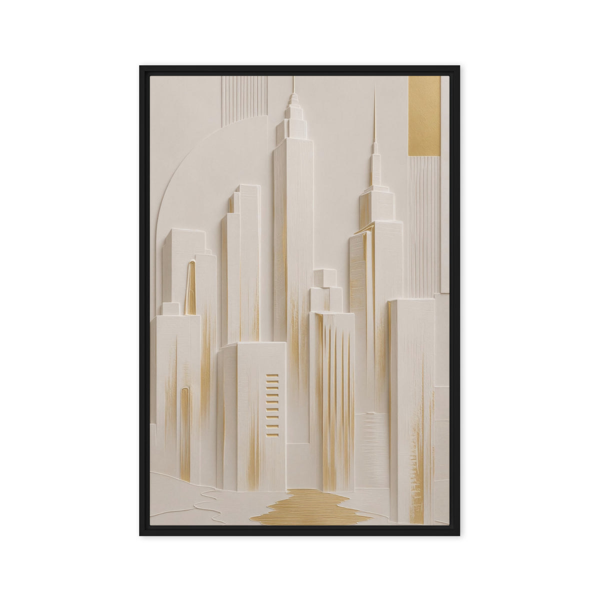Stylised ivory Manhattan skyline with slender towers, pale shadows and gold-coloured accents, black frame, 20″×30″ front view