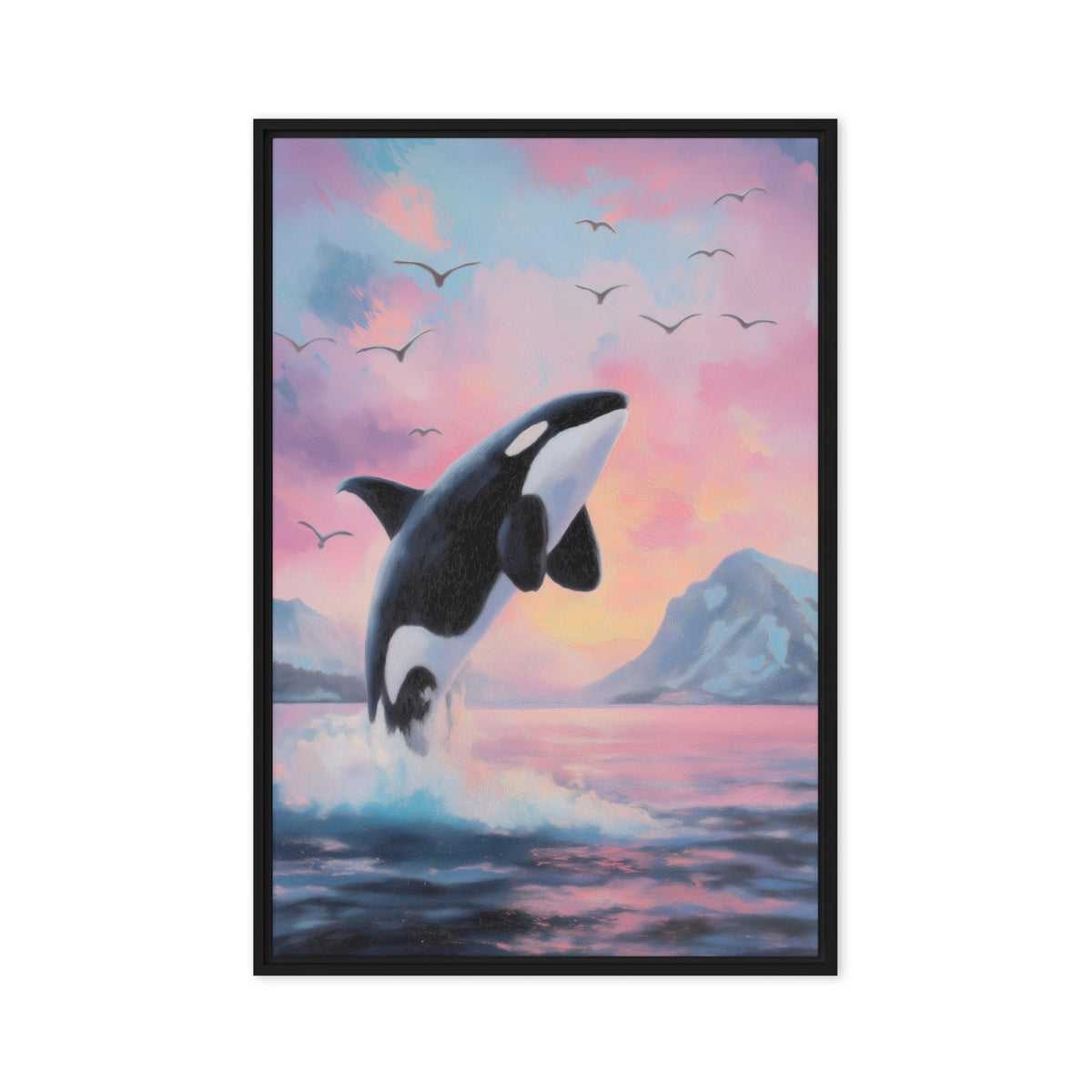 Leaping black-and-white orca above blue waves beneath a pink sunset sky, black frame, 20″×30″ front view
