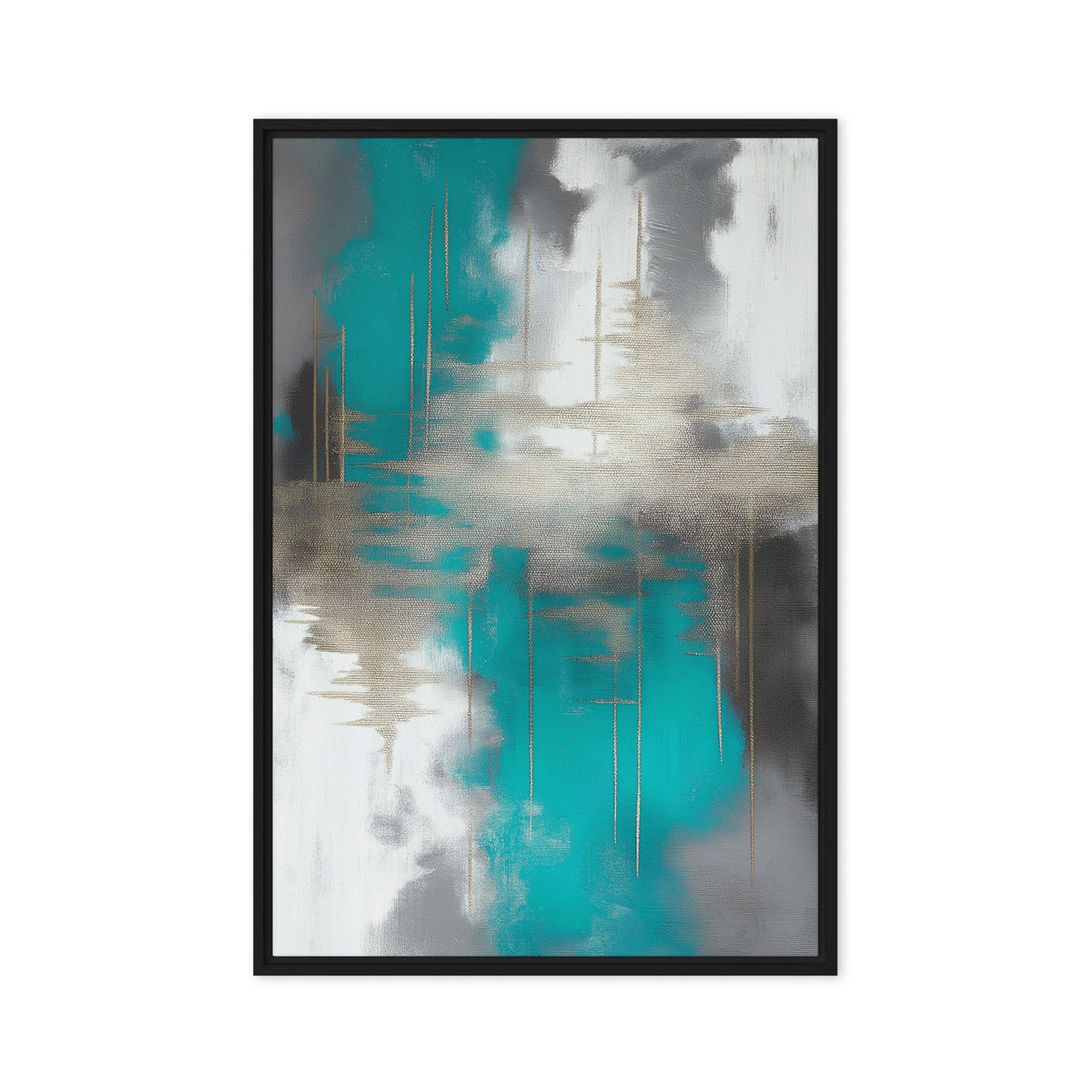 Teal and grey abstract brushwork crossed by muted gold-toned horizontal marks, front view with black frame, 20″×30″ nominal canvas